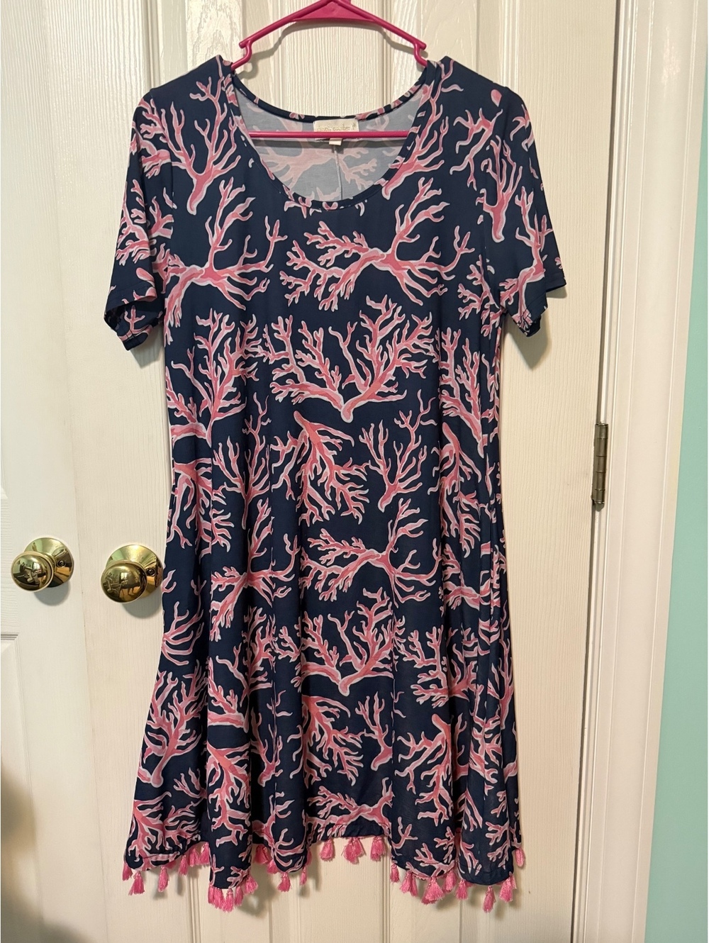 Simply Southern Navy and Pink Coral Print Dress with Tassel Trim Size S